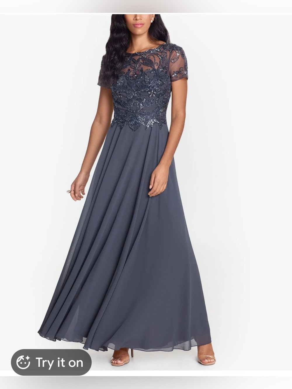 Embellished Short-Sleeve Maxi Dress in Slate Blue